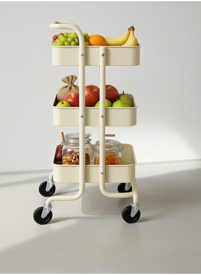 LIVVY 3 Tier Multipurpose Storage Trolley with Wheels Handle – Heavy Duty Rolling Utility Cart, Steel Organizer Rack for Kitchen, Bathroom, Laundry & Office (Cream) - Image 3