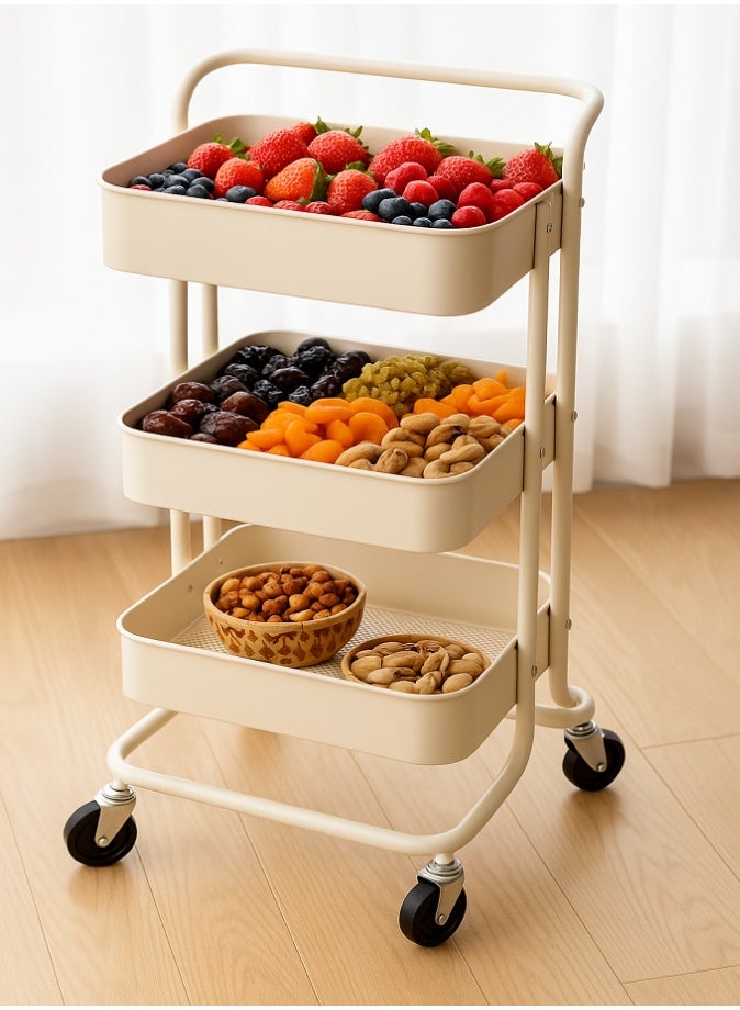 LIVVY 3 Tier Multipurpose Storage Trolley with Wheels Handle – Heavy Duty Rolling Utility Cart, Steel Organizer Rack for Kitchen, Bathroom, Laundry & Office (Cream) - Image 2
