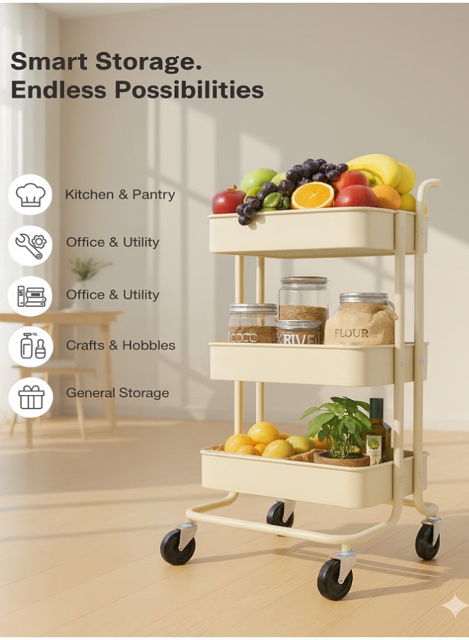 LIVVY 3 Tier Multipurpose Storage Trolley with Wheels Handle – Heavy Duty Rolling Utility Cart, Steel Organizer Rack for Kitchen, Bathroom, Laundry & Office (Cream) - Image 4