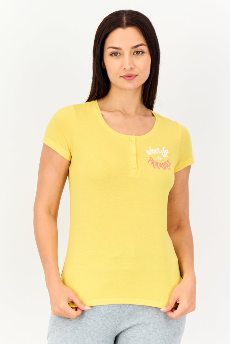 zivame Women Crew Neck Graphic Print Short Sleeve Sleepwear, Mustard - Image 1