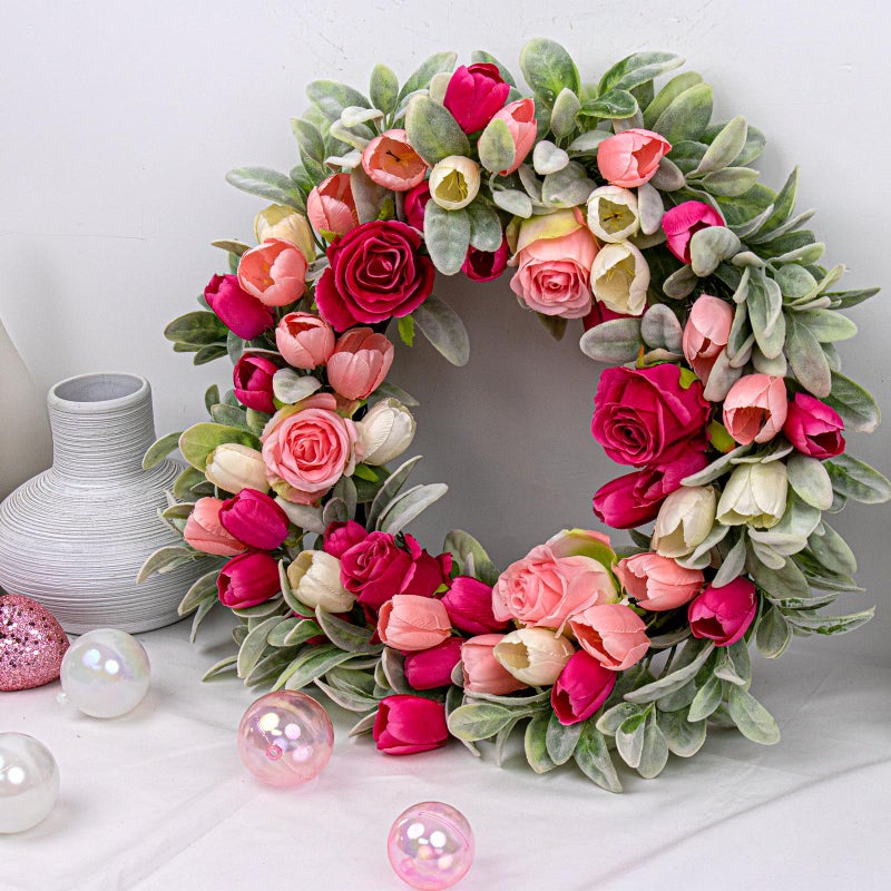 Yawwind 20 Inches Farmhouse Valentines Wreath Modern Valentine Flower Wreath Rocco Valentines Day Door Wreaths with Red Pink Rose Tulip Flocked Lambs Ear for Window Porch Porch Indoor Outside Decor - Image 5