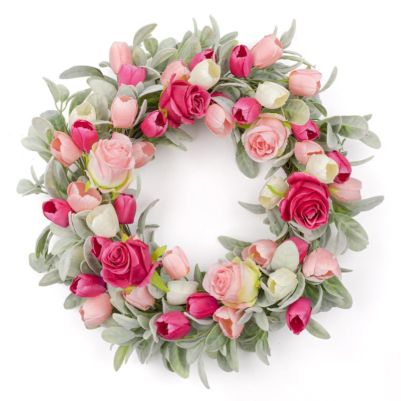Yawwind 20 Inches Farmhouse Valentines Wreath Modern Valentine Flower Wreath Rocco Valentines Day Door Wreaths with Red Pink Rose Tulip Flocked Lambs Ear for Window Porch Porch Indoor Outside Decor - Image 1