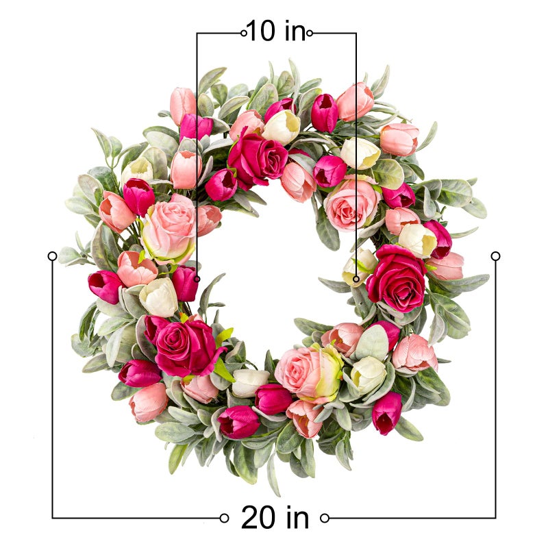 Yawwind 20 Inches Farmhouse Valentines Wreath Modern Valentine Flower Wreath Rocco Valentines Day Door Wreaths with Red Pink Rose Tulip Flocked Lambs Ear for Window Porch Porch Indoor Outside Decor - Image 2