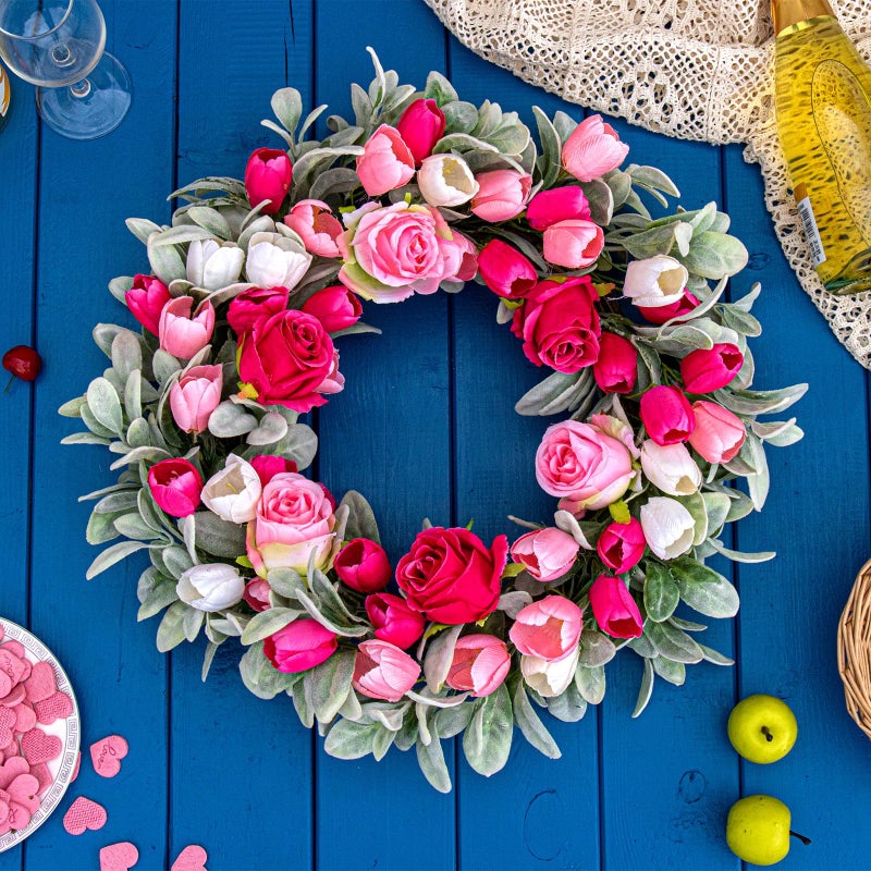 Yawwind 20 Inches Farmhouse Valentines Wreath Modern Valentine Flower Wreath Rocco Valentines Day Door Wreaths with Red Pink Rose Tulip Flocked Lambs Ear for Window Porch Porch Indoor Outside Decor - Image 4