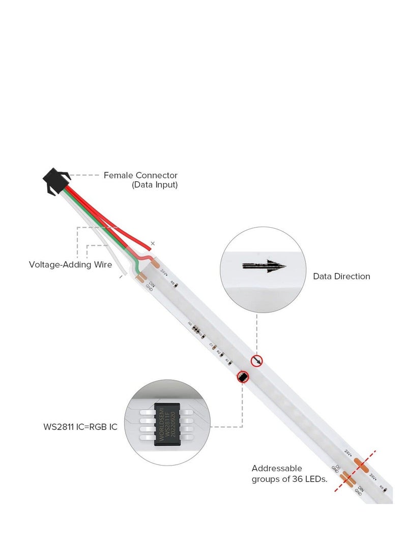 كابتن تيك RGB Color LED Strip, FCOB WS2811 IC RGB Chip, Flexible High Density Uniform Light Chasing Color LED Strip, DC24V 630LED/m 10mm Width Dream Color for Bedroom Kitchen Home (No Adapter or Controller) - Image 2