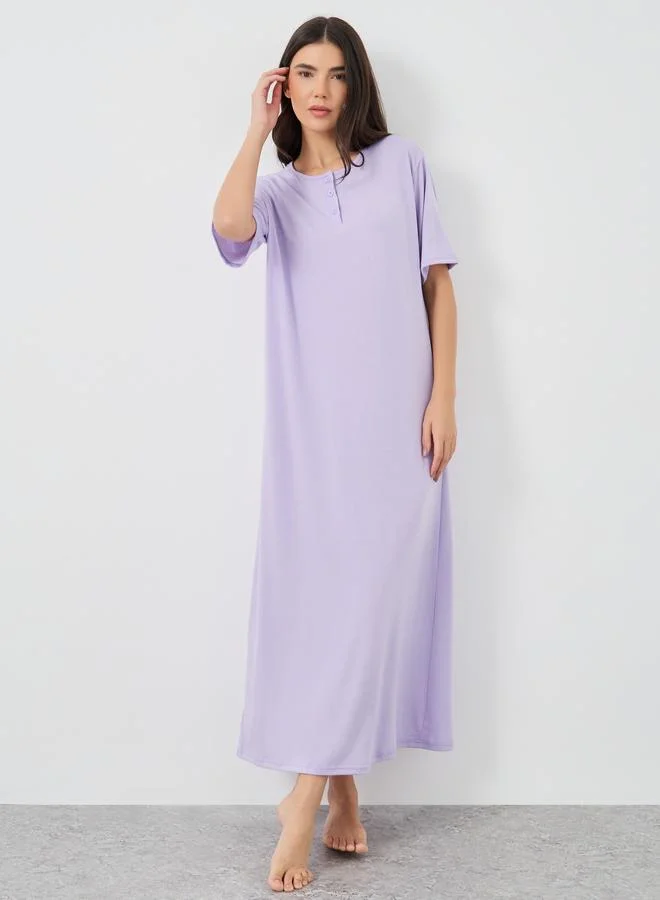 تايك تو Take Two Solid Button Neck Round Neck Nightdress