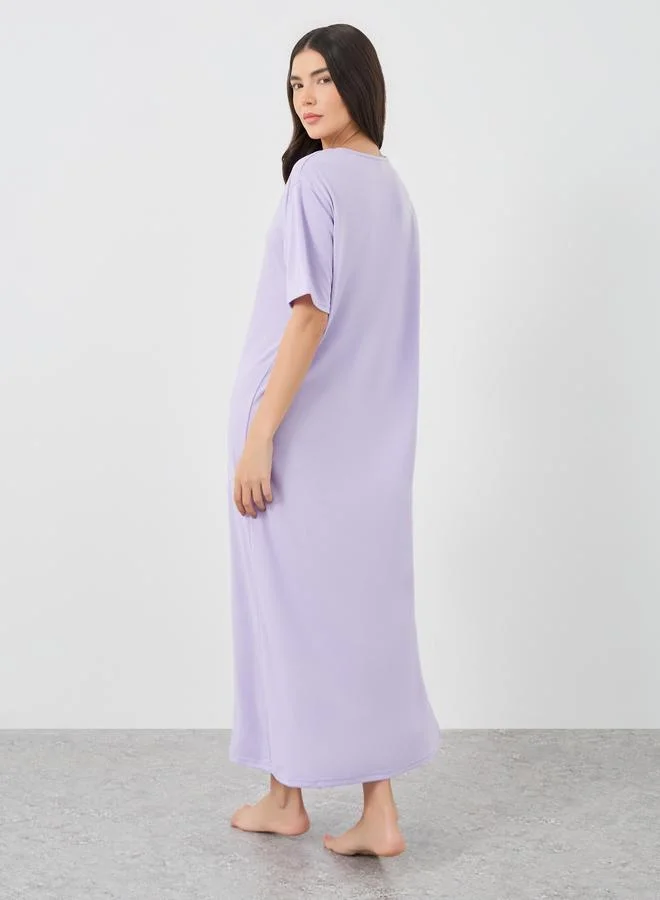 Take Two Take Two Solid Button Neck Round Neck Nightdress