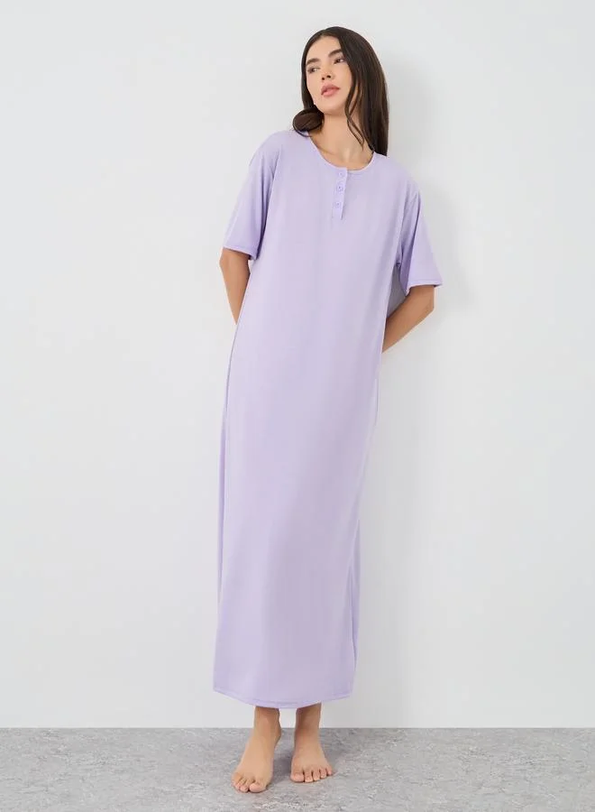 Take Two Take Two Solid Button Neck Round Neck Nightdress