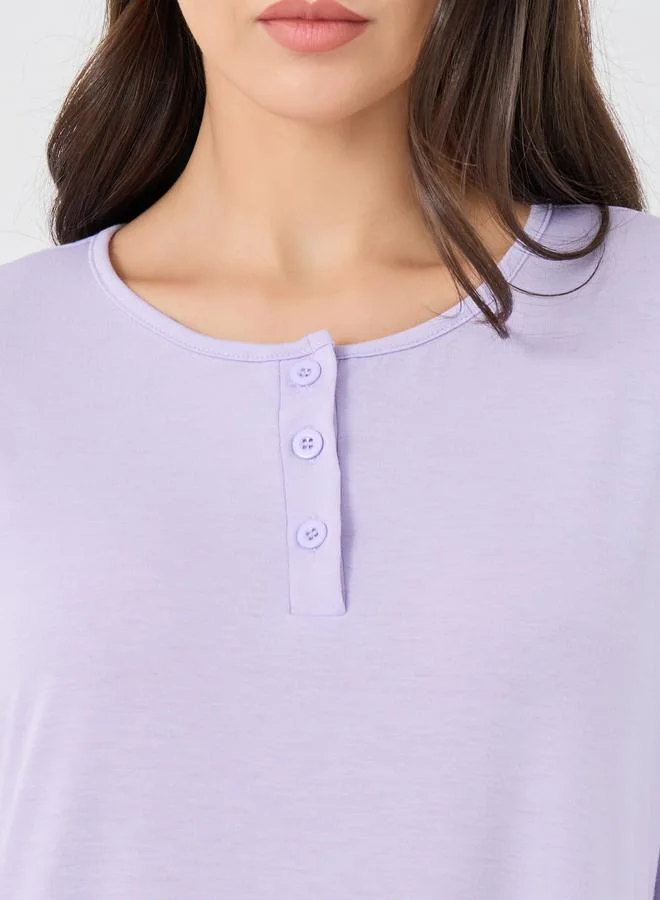 Take Two Take Two Solid Button Neck Round Neck Nightdress