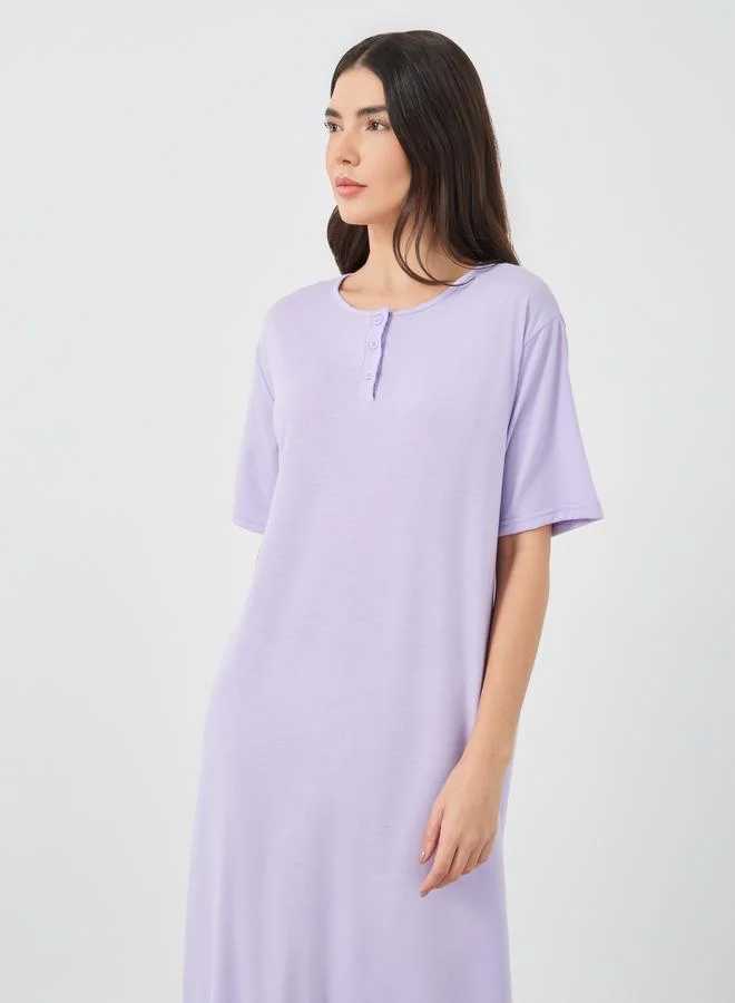 تايك تو Take Two Solid Button Neck Round Neck Nightdress