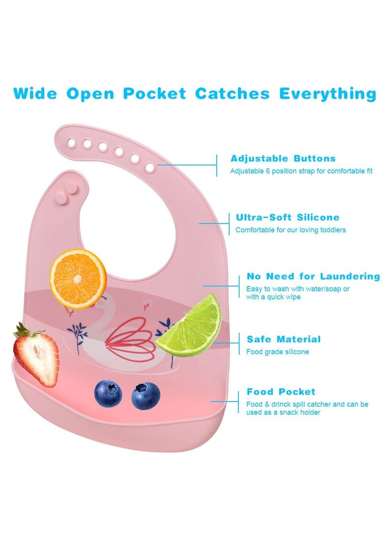 Bebiland 2PCS Silicone Baby Weaning Bibs, Adjustable Waterproof Baby Feeding Bibs with Food Catcher Pocket, Unisex Soft and Easily Wipe Clean for Infant Toddler (Owl/Swan) ﻿  - Image 3