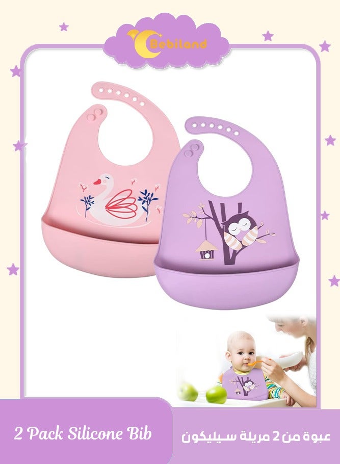 Bebiland 2PCS Silicone Baby Weaning Bibs, Adjustable Waterproof Baby Feeding Bibs with Food Catcher Pocket, Unisex Soft and Easily Wipe Clean for Infant Toddler(Owl/Swan) - Image 1