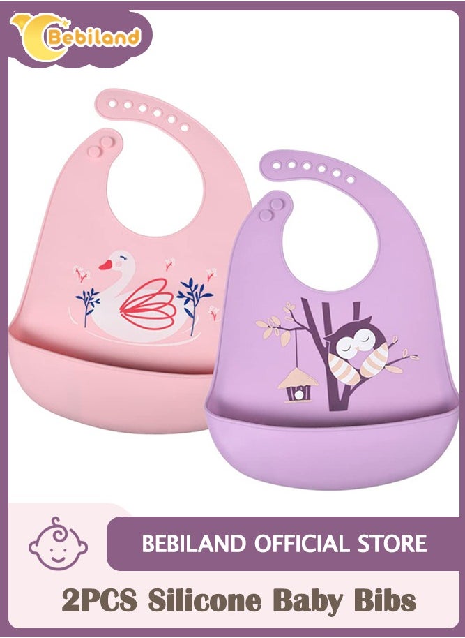 Bebiland 2PCS Silicone Baby Weaning Bibs, Adjustable Waterproof Baby Feeding Bibs with Food Catcher Pocket, Unisex Soft and Easily Wipe Clean for Infant Toddler (Owl/Swan) ﻿  - Image 1
