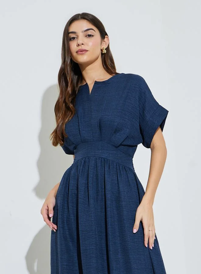 ستايلي Navy Blue Solid Pocket Detail Cap Sleeves A-Line Maxi Dress
