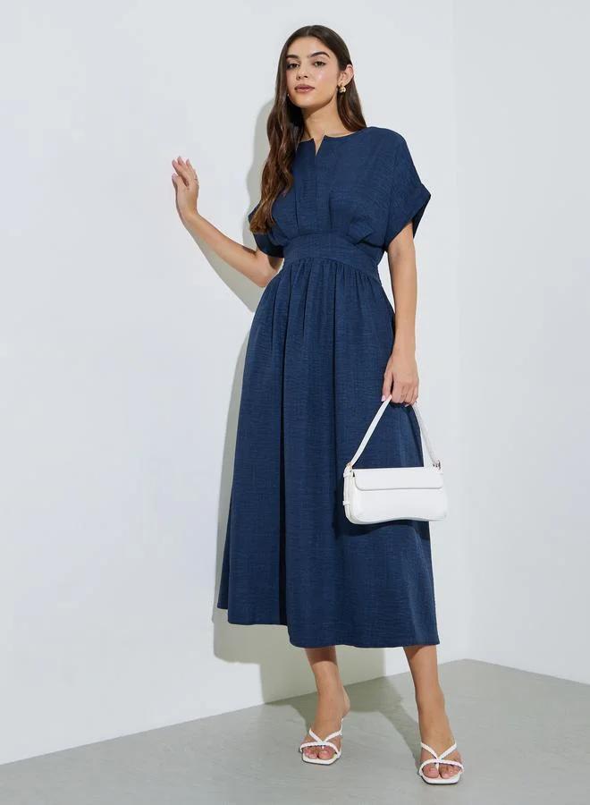 ستايلي Navy Blue Solid Pocket Detail Cap Sleeves A-Line Maxi Dress