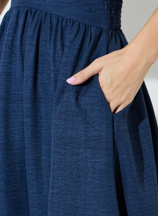 Styli  Navy Blue Solid Pocket Detail Cap Sleeves A-Line Maxi Dress for Women | Best Price UAE
