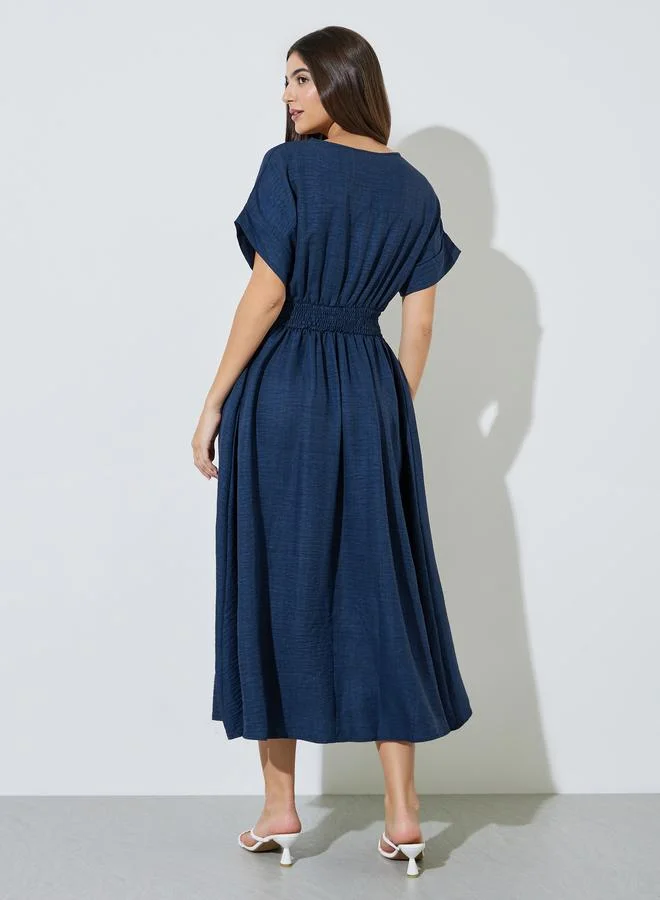 Styli  Navy Blue Solid Pocket Detail Cap Sleeves A-Line Maxi Dress for Women | Best Price UAE