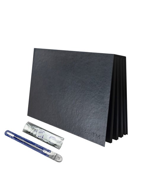 Strong 4-layers Empty magnetic palette book palette（Black PU leather surface）+1pcs Makeup Depotting Spatula+50pcs Round Metal Stickers+50pcs Square Metal Stickers