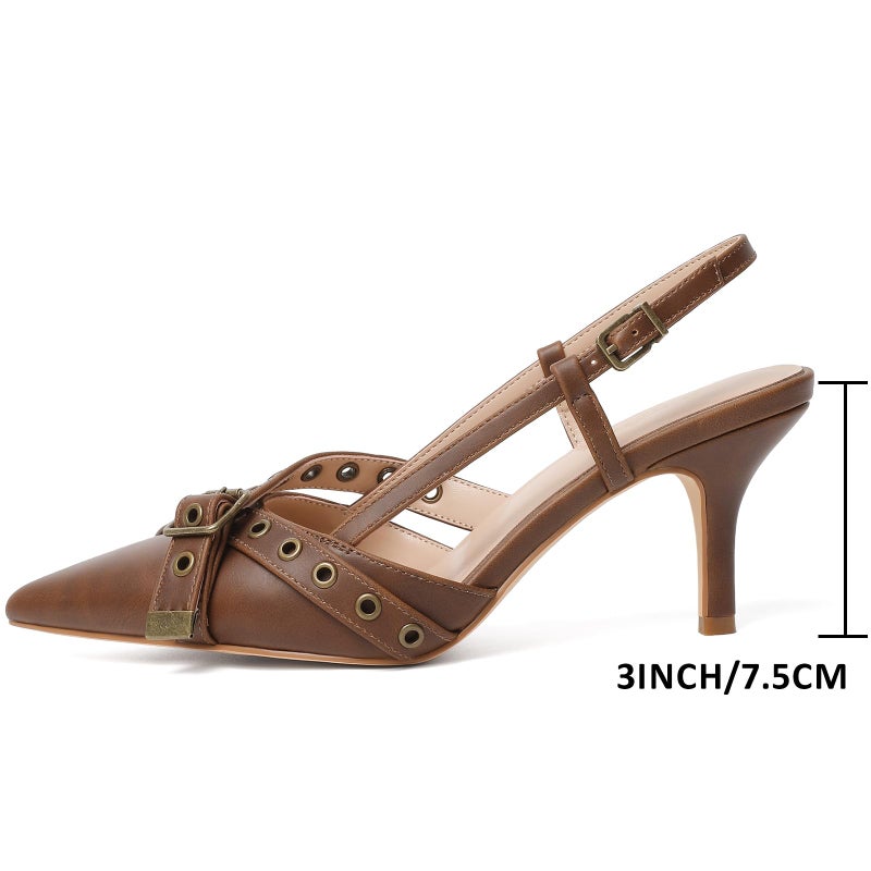 Mostrin Brown Slingback Kitten Heels for Women Studded Heeled Pumps Pointed Closed Toe Heels Vintage Stiletto Pumps Shoes - Image 4