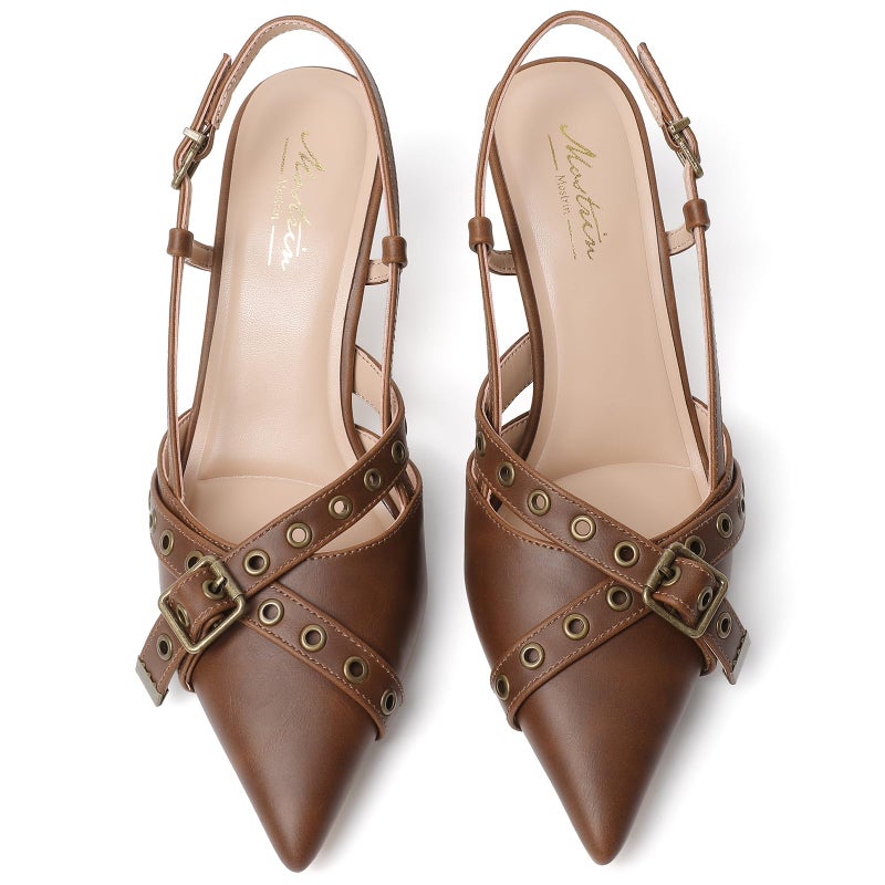 Mostrin Brown Slingback Kitten Heels for Women Studded Heeled Pumps Pointed Closed Toe Heels Vintage Stiletto Pumps Shoes - Image 5