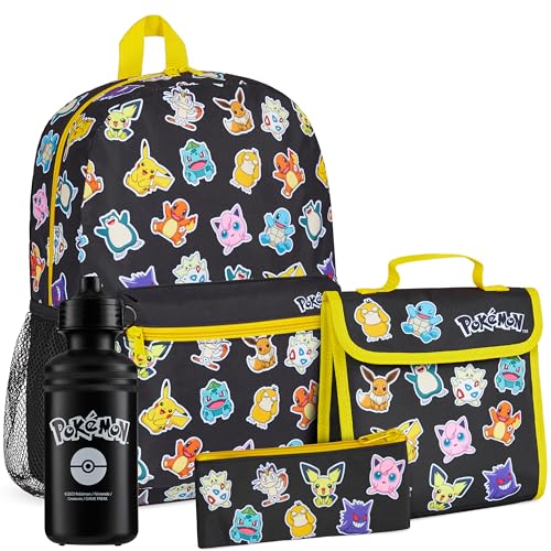 Pokemon Backpack Set 4 Pcs for Kids with Backpack Water Bottle Pencil Case Lunch Bag or Wallet Anime School Supplies Gifts (Black/Multi) - Image 1