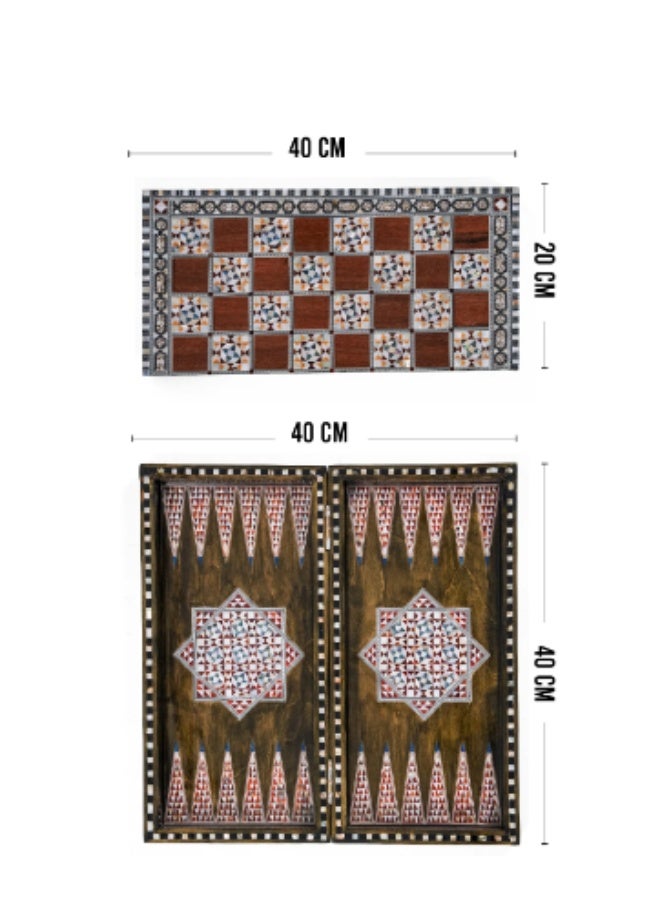 Handmade Backgammon & Chess Wooden Folding Board with Islamic Star Shell Inlay, Dark Brown - Size 40x40 cm - Image 5