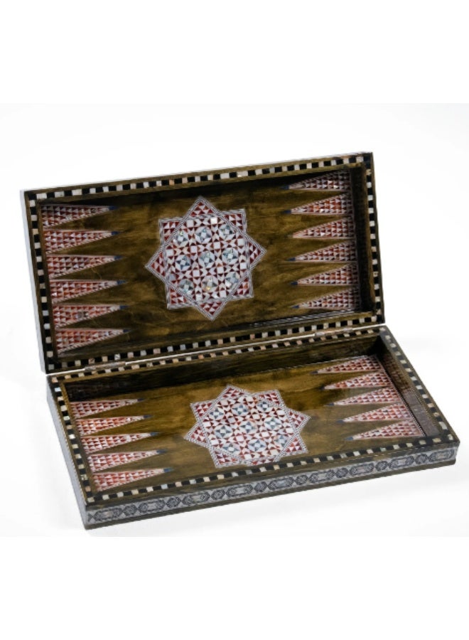 Handmade Backgammon & Chess Wooden Folding Board with Islamic Star Shell Inlay, Dark Brown - Size 40x40 cm - Image 1