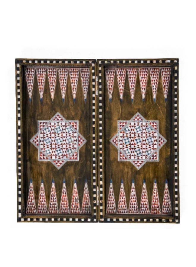 Handmade Backgammon & Chess Wooden Folding Board with Islamic Star Shell Inlay, Dark Brown - Size 40x40 cm - Image 2