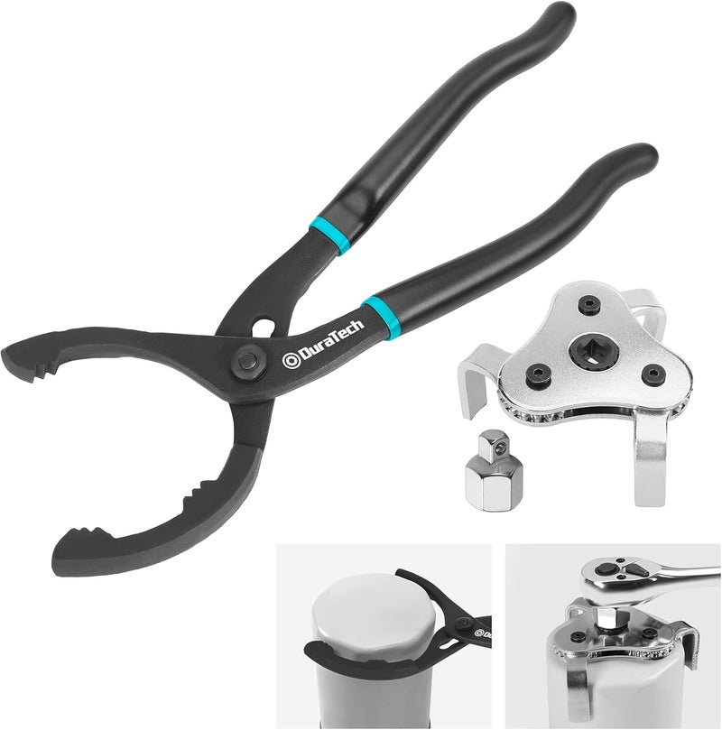 DURATECH 2-Piece 12 Inch Oil Filter Pliers & 3 Jaw Adjustable Oil Filter Removal Wrench, for Cars, Motorcycles and Trucks - Image 1