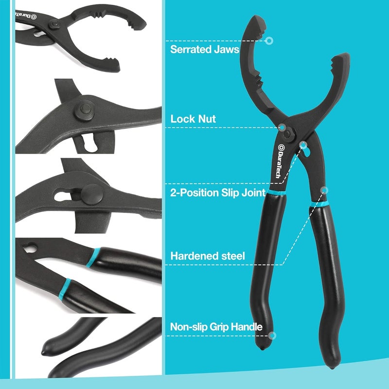 DURATECH 2-Piece 12 Inch Oil Filter Pliers & 3 Jaw Adjustable Oil Filter Removal Wrench, for Cars, Motorcycles and Trucks - Image 2