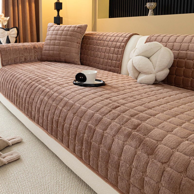 MDSASFD Velvet Couch Cover, Plush Sectional Sofa Cover Washable, Anti Slip Sofa Slipcover for 3 Cushions Sofas, Furniture Protector Covers for Pets & Kids(1PC, Dark Brown, 35.4"Ã—71", 3-Seater) - Image 1