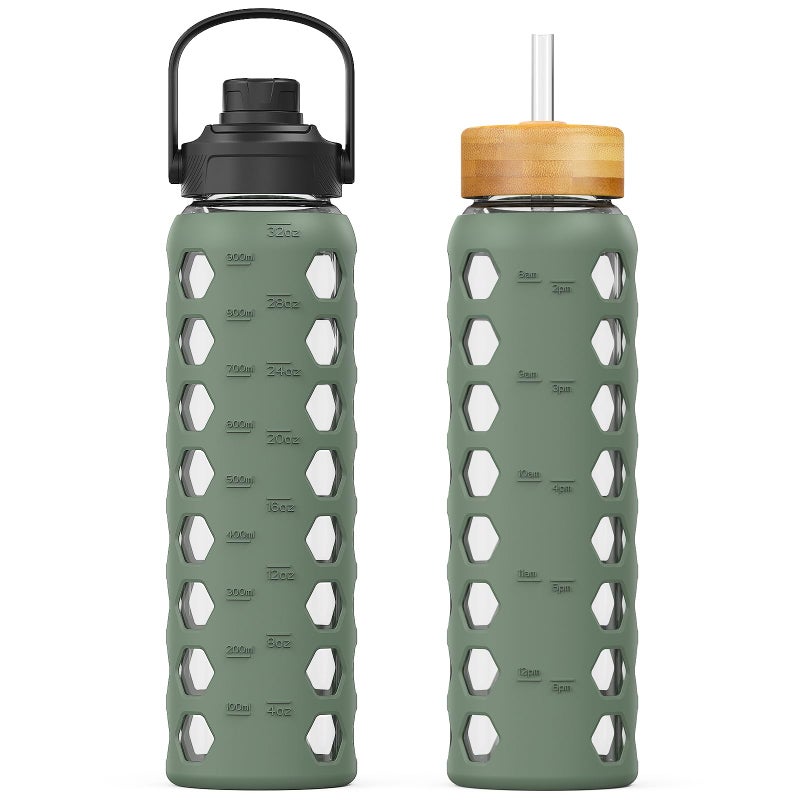 MUKOKO 32oz Glass Water Bottles with 2 Lids-Handle Spout Lid&Bamboo Straw Lid, Motivational Water Tumbler with Time Marker Reminder and Silicone Sleeve, Leakproof-Olive-1 Pack - Image 1