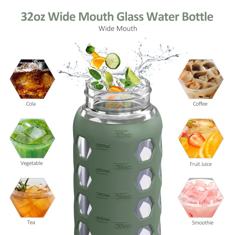 MUKOKO 32oz Glass Water Bottles with 2 Lids-Handle Spout Lid&Bamboo Straw Lid, Motivational Water Tumbler with Time Marker Reminder and Silicone Sleeve, Leakproof-Olive-1 Pack - Image 5