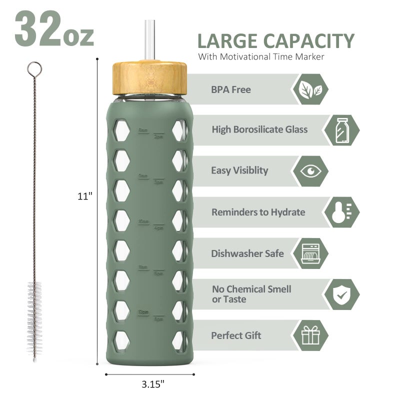 MUKOKO 32oz Glass Water Bottles with 2 Lids-Handle Spout Lid&Bamboo Straw Lid, Motivational Water Tumbler with Time Marker Reminder and Silicone Sleeve, Leakproof-Olive-1 Pack - Image 2