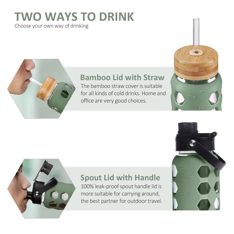 MUKOKO 32oz Glass Water Bottles with 2 Lids-Handle Spout Lid&Bamboo Straw Lid, Motivational Water Tumbler with Time Marker Reminder and Silicone Sleeve, Leakproof-Olive-1 Pack - Image 3