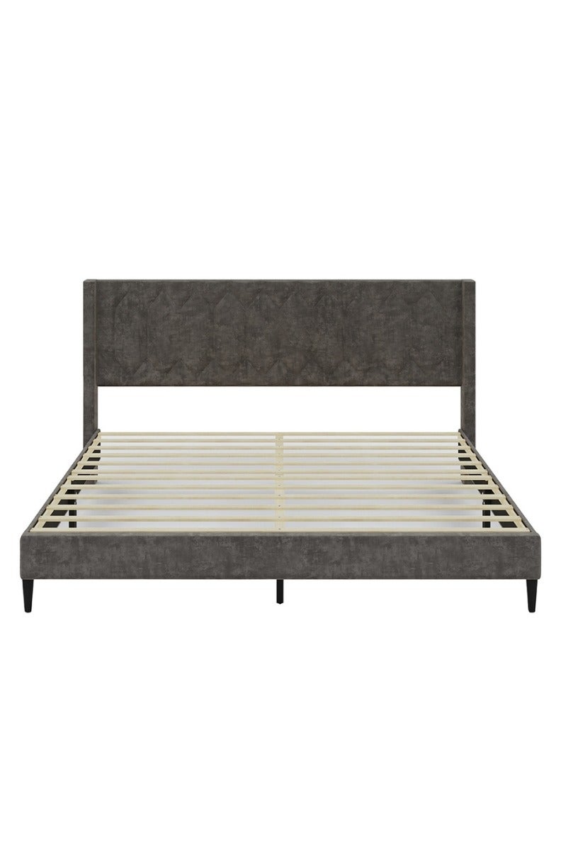 رويال أوك سرير رويالووك ميدو مبطن بحجم كوين، قماش مخملي، لوح رأس مزخرف بتصميم ماسي، تصميم عصري، سرير كوين متين - Image 3