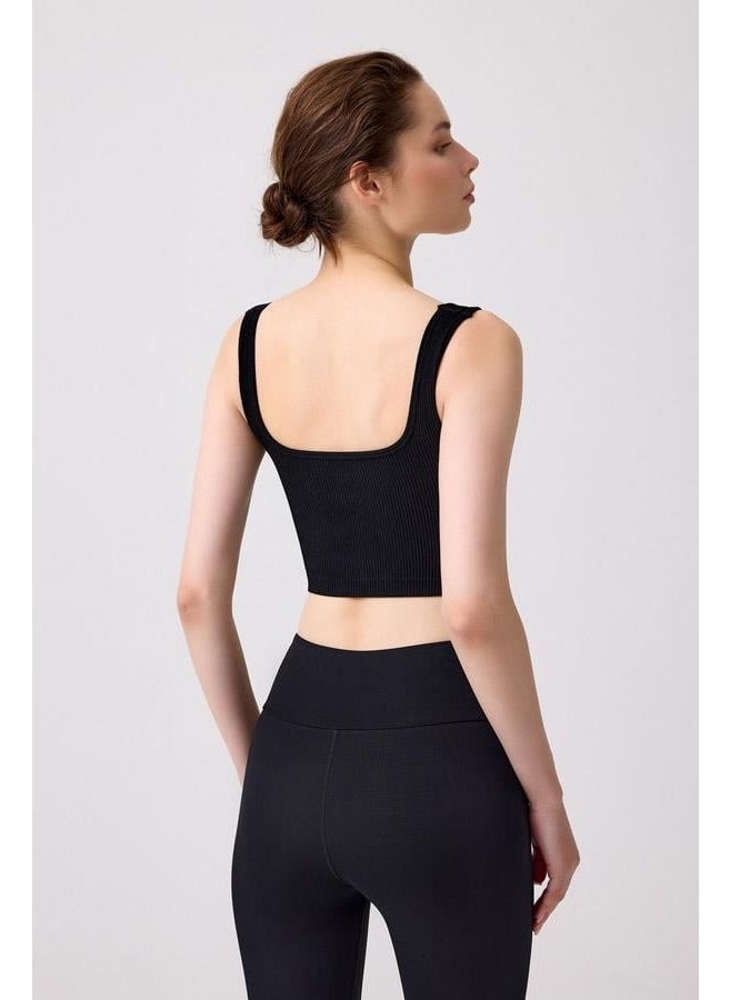 COTTONHILL - Premium - Women's Black Seamless Mid Length Square Neck Crop Top Bustier - Image 1