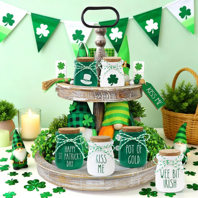 HALOGATE 6 Pcs St. Patrick's Day Decorations Mason Jars, Saint Patricks Day Tiered Tray Decor, Mini Shamrock Vases, Farmhouse Irish Holiday Tabletop Centerpiece for Home Kitchen Table Mantel - Image 2