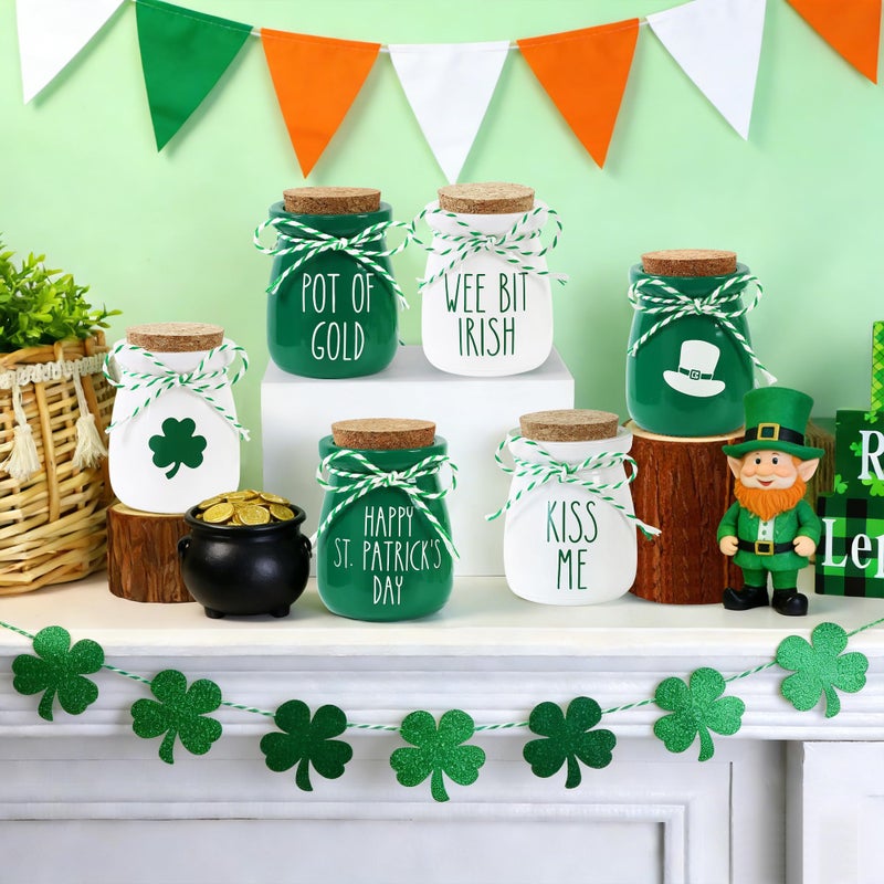 HALOGATE 6 Pcs St. Patrick's Day Decorations Mason Jars, Saint Patricks Day Tiered Tray Decor, Mini Shamrock Vases, Farmhouse Irish Holiday Tabletop Centerpiece for Home Kitchen Table Mantel - Image 5