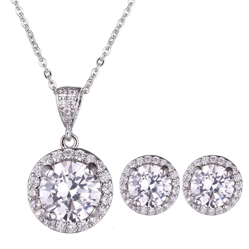 AMYJANE Crystal Jewelry Set Bride Bridesmaid- Sterling Silver Round Cubic Zirconia Crystal cz Bridal Pendant Necklace Earrings Set for Women Party Prom - Image 1