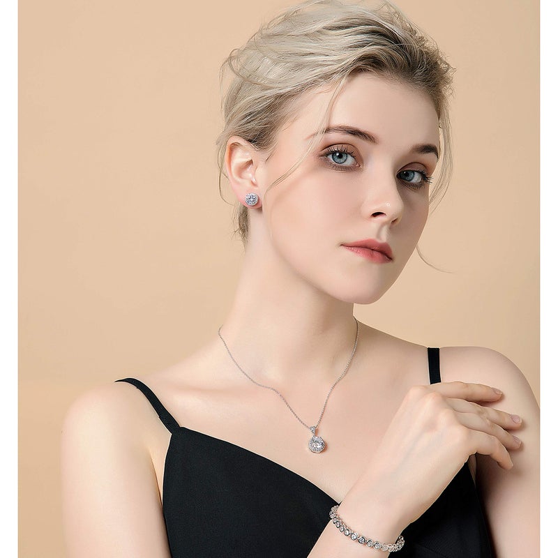 AMYJANE Crystal Jewelry Set Bride Bridesmaid- Sterling Silver Round Cubic Zirconia Crystal cz Bridal Pendant Necklace Earrings Set for Women Party Prom - Image 3