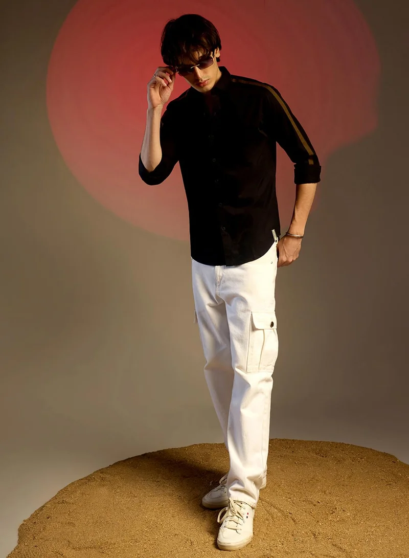 Campus Sutra Men's Onyx Black Side-Striped Shirt