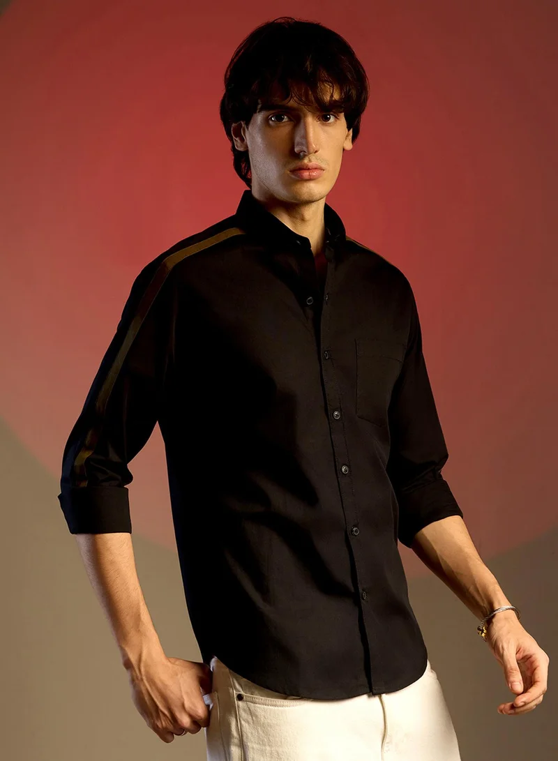 Campus Sutra Men's Onyx Black Side-Striped Shirt