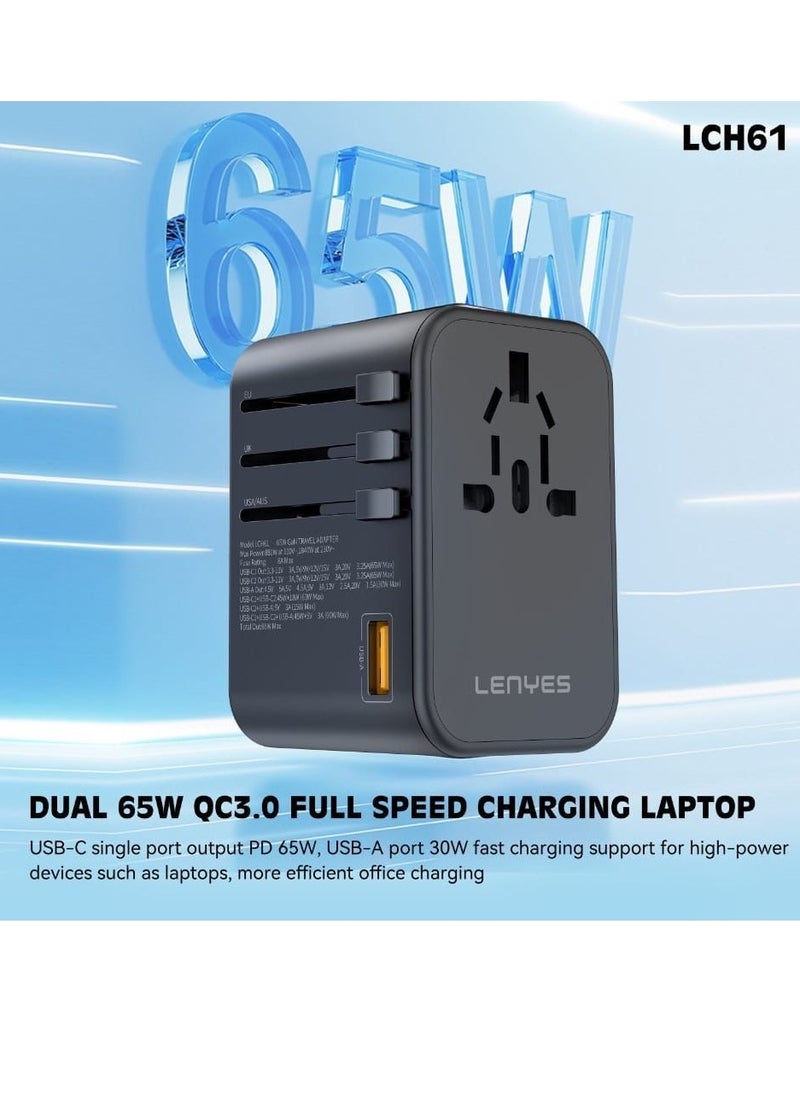 Lenyes - 65W Universal Travel Adaptor 2 in 1 GaN Fast Charging Socket Multifunctional Charger For MacBook Pro Air iPad Pro iPhone 15 Series Galaxy S24 Ultra S23 S22 Note20 Pixel Apple Watch Model LCH61 - Image 1