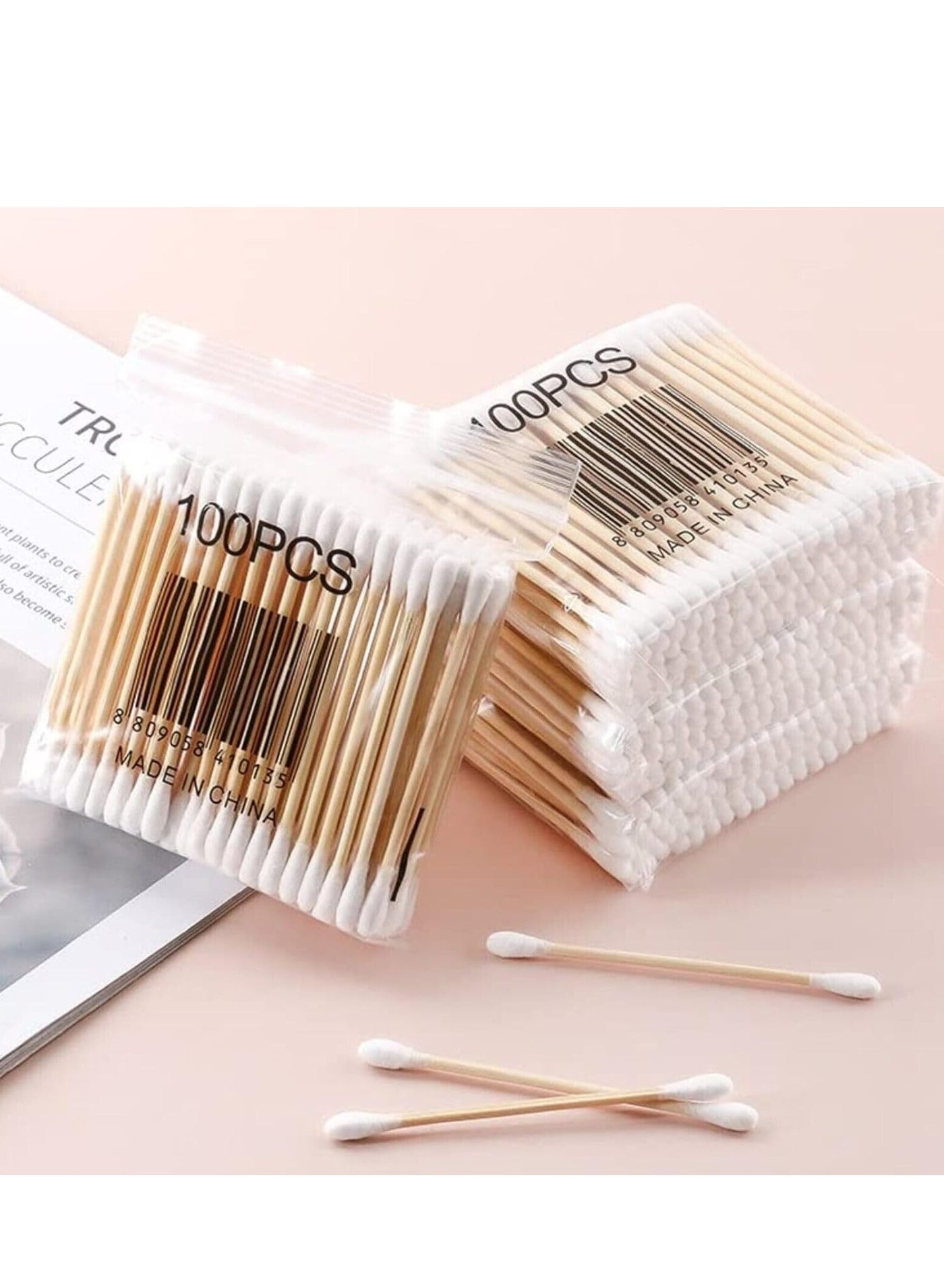 600 PCS Bamboo Cotton Buds, 100% Biodegradable Cotton Swab with Wooden Handles for Cleaning Ear, Makeup,Keyboard, Wound Etc