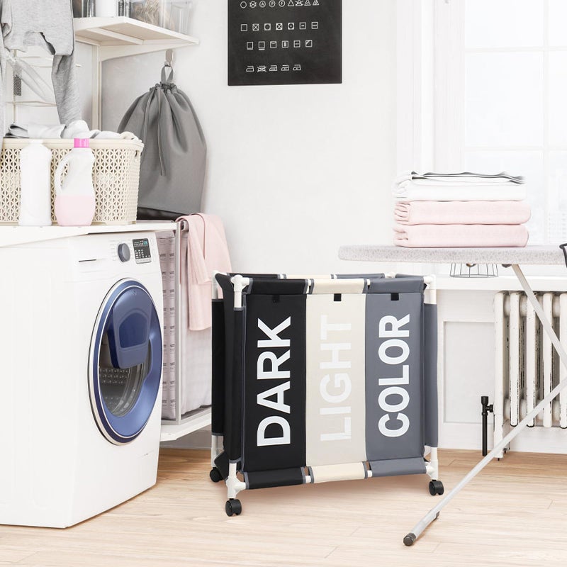 ASHARE Laundry Basket 3 Section Freestanding Laundry Hamper Dirty Clothes Basket Sorter with Lid and Rolling Wheel, White+Dark+Grey - Image 3