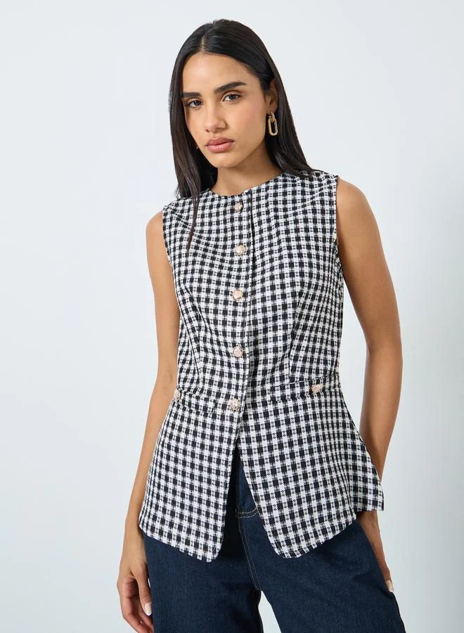 Styli Black Gingham Sleeveless Waistcoat