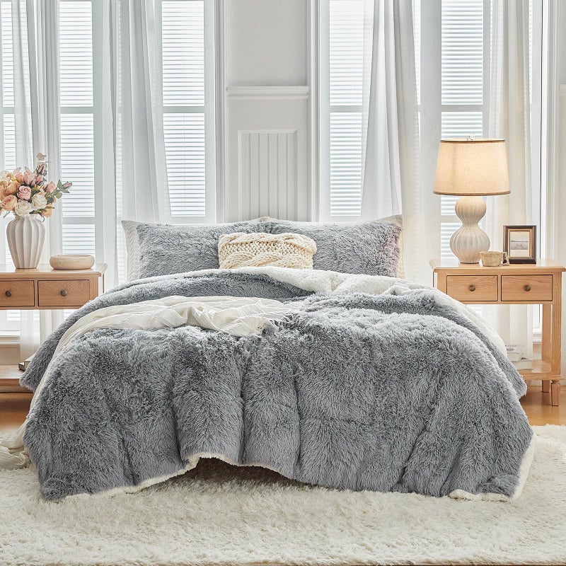 UOZZI BEDDING Gray Faux Fur Comforter Set King 3 Pieces - 1 Shaggy Comforter 104x90 and 2 Pillowcases, Ultra Soft and Easy Care Luxury Plush Super Warm Winter Shaggy Duvet Set - Image 2