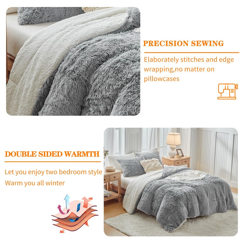 UOZZI BEDDING Gray Faux Fur Comforter Set King 3 Pieces - 1 Shaggy Comforter 104x90 and 2 Pillowcases, Ultra Soft and Easy Care Luxury Plush Super Warm Winter Shaggy Duvet Set - Image 5