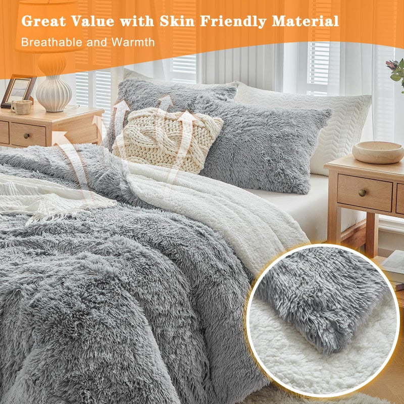 UOZZI BEDDING Gray Faux Fur Comforter Set King 3 Pieces - 1 Shaggy Comforter 104x90 and 2 Pillowcases, Ultra Soft and Easy Care Luxury Plush Super Warm Winter Shaggy Duvet Set - Image 4